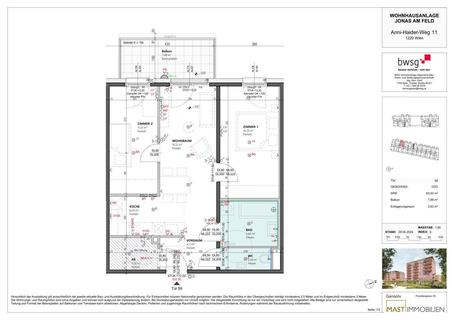 Detaillierter Grundriss einer Wohneinheit mit mehreren Zimmern, Küche, Bad und Balkon.