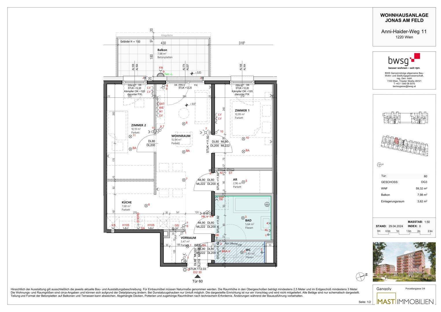Detaillierter Grundriss einer Wohnung mit mehreren Zimmern und Balkon.