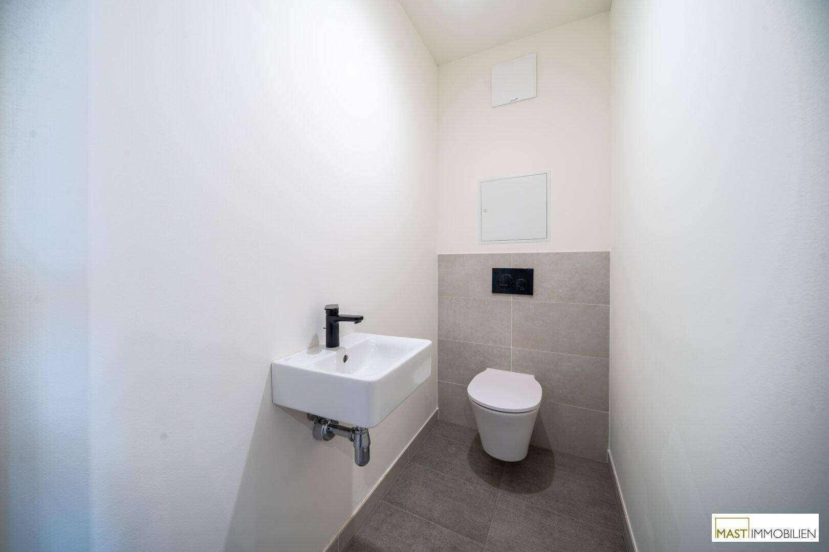 Separates Gäste-WC mit wandhängender Toilette und modernem Waschbecken.