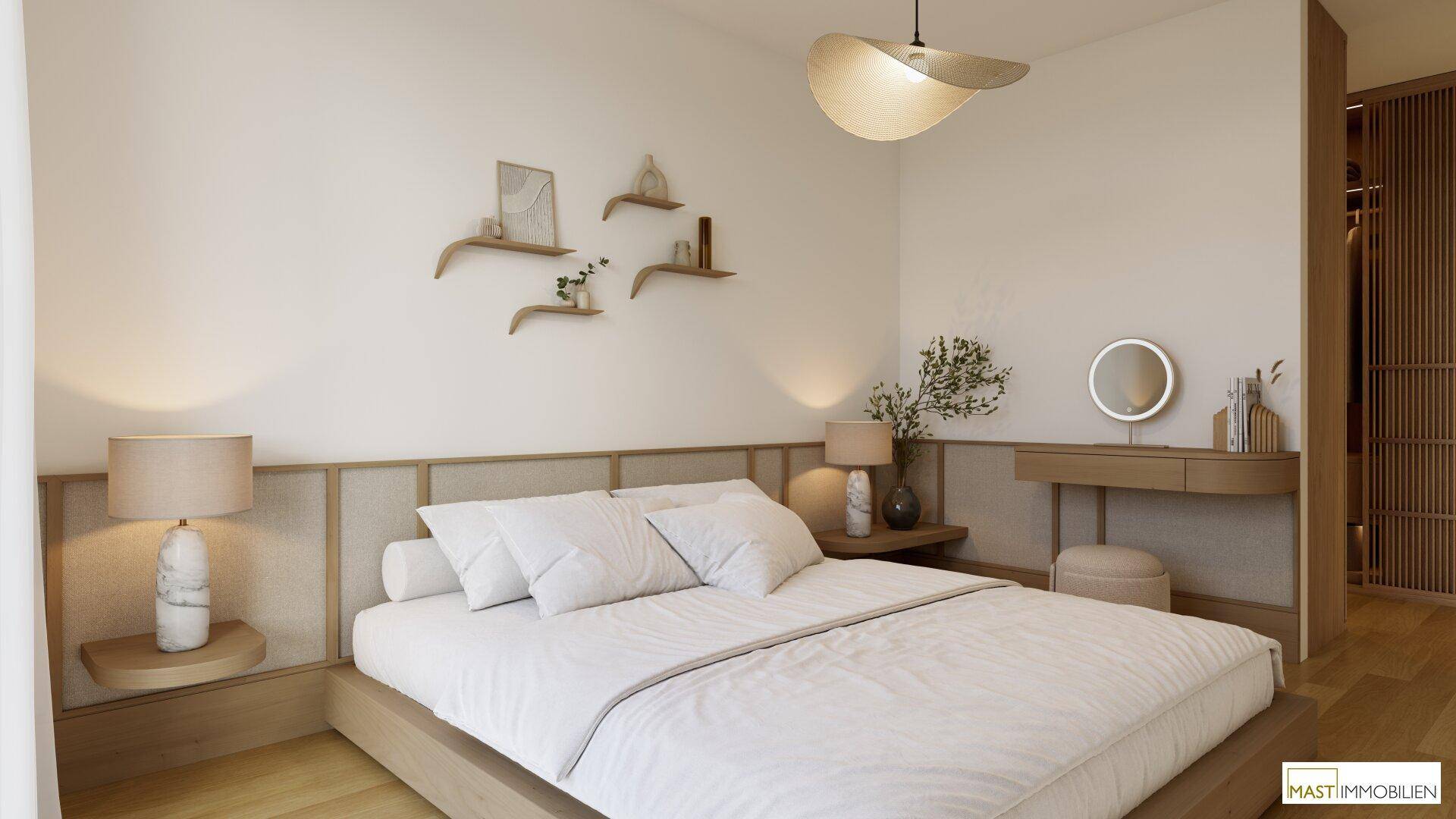 Modernes Schlafzimmer mit großem Doppelbett, eleganten Nachttischen und stilvoller Dekoration.