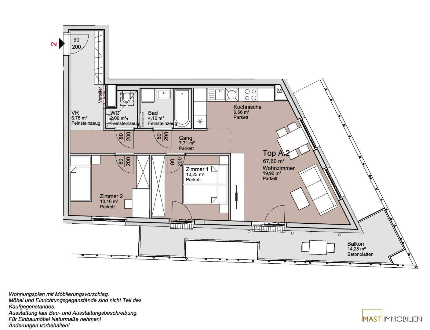 Grundriss einer Wohnung mit zwei Schlafzimmern, offener Wohnküche und Balkon.