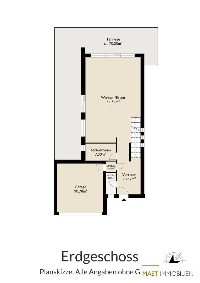 Grundriss des Erdgeschosses mit offenem Wohn-Essbereich, Garage und großer Terrasse.