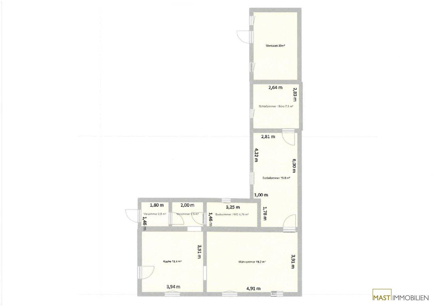 Detaillierter Grundriss der Immobilie mit Raumaufteilung und Bemaßungen.
