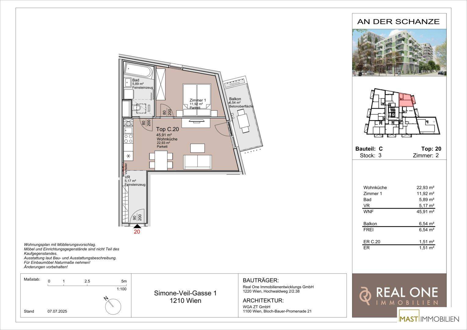 Detaillierter Grundriss der Wohnung Top C.20 mit allen Flächenangaben und Lageplan des Gebäudes.