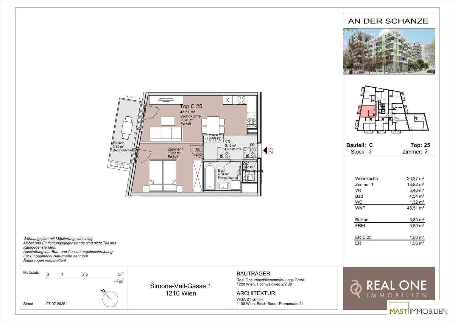 Detaillierter Grundriss der Wohnung Top C.25 mit Raumaufteilung und Flächenangaben für Neubau.
