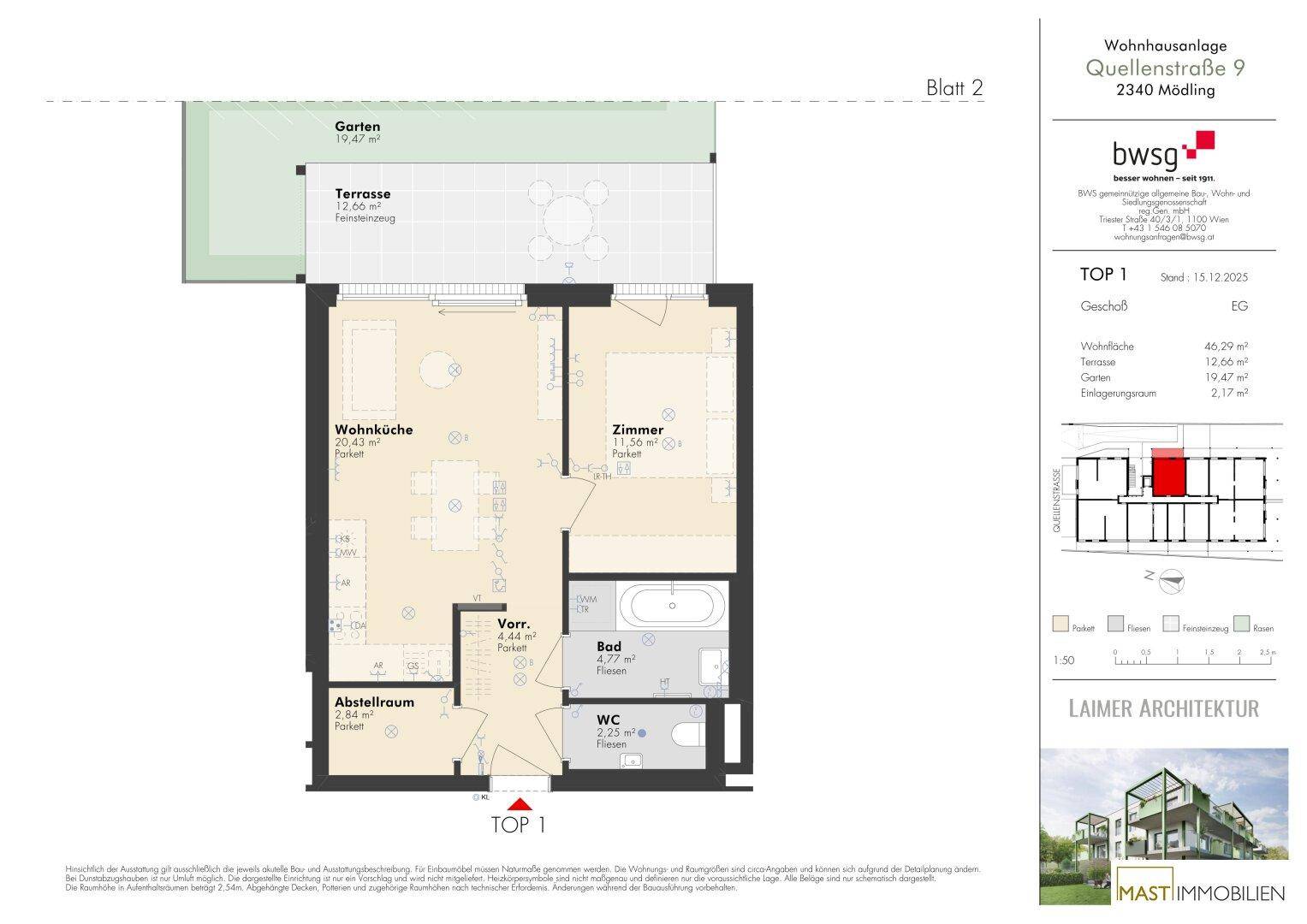 Grundriss einer Wohnung mit offener Wohnküche, einem Zimmer, Bad, separatem WC, Abstellraum, Terrasse und Garten.