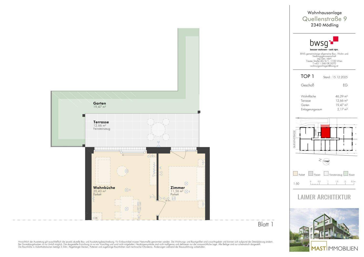 Grundriss einer Wohnung mit offener Wohnküche, einem Zimmer, Terrasse und Garten.