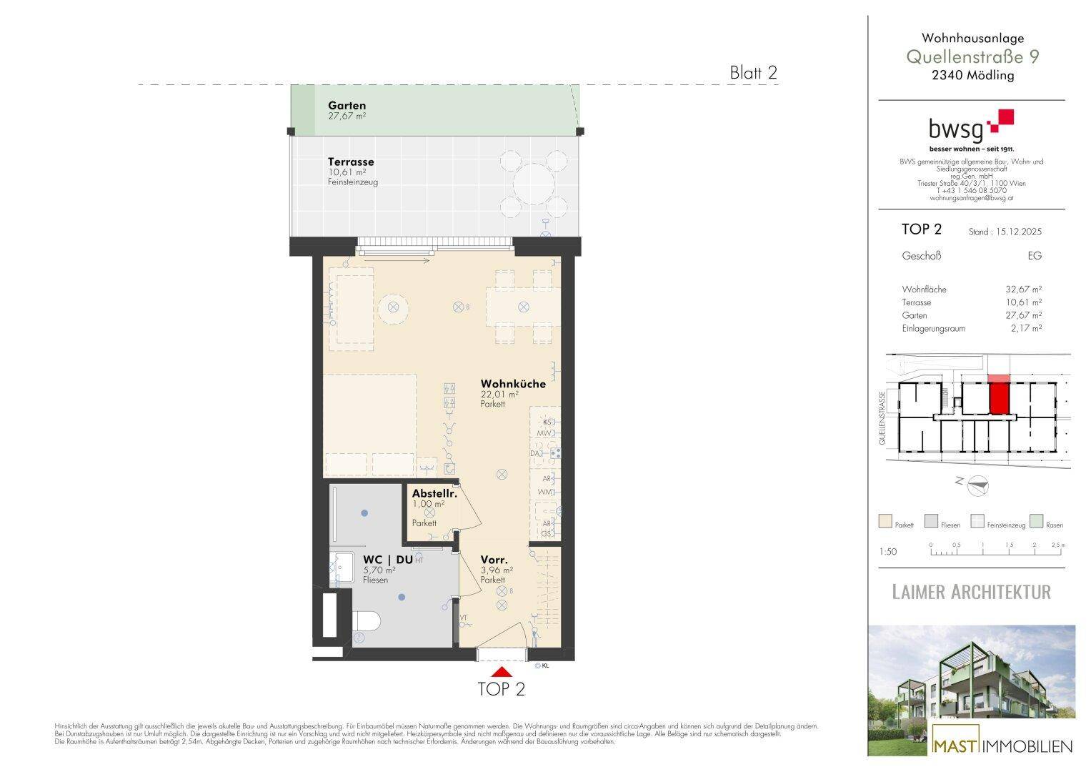 Grundriss einer Wohnung mit offener Wohnküche, separatem WC/Dusche, Abstellraum, Terrasse und Garten.