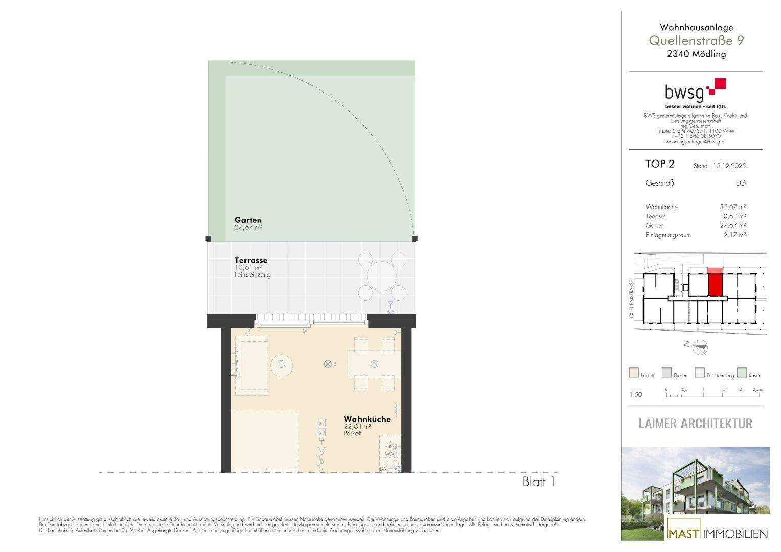 Grundriss einer Wohnung mit offener Wohnküche, separatem WC/Dusche, Abstellraum, Terrasse und Garten.