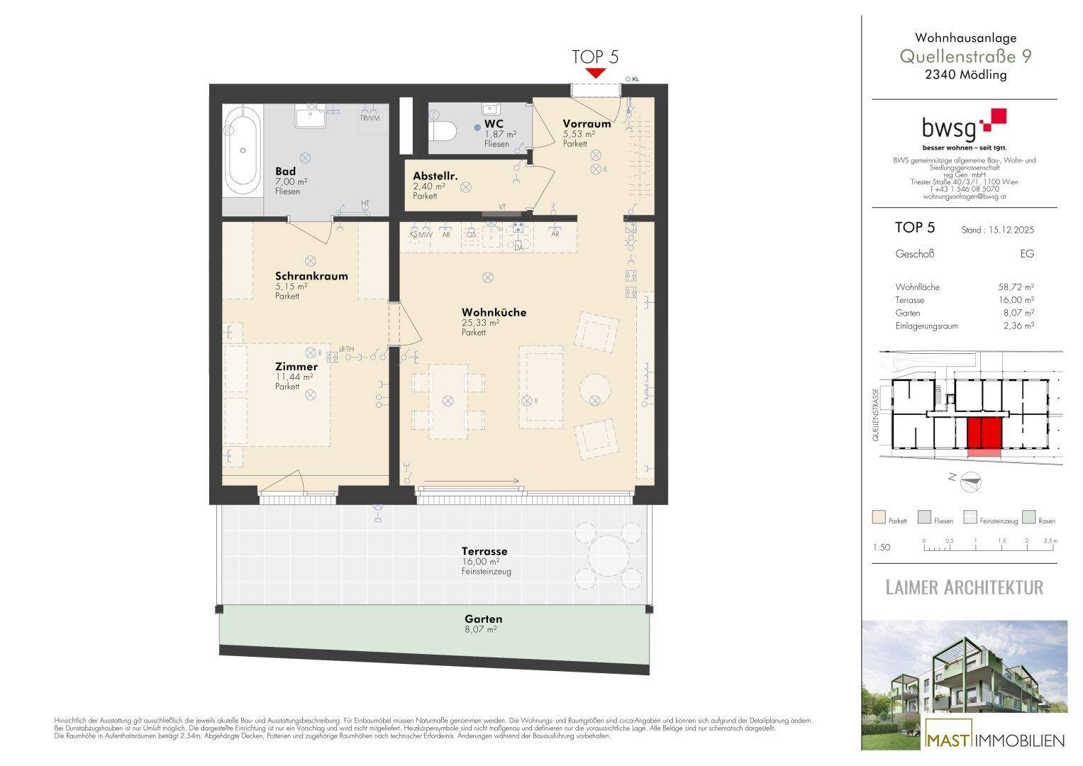 Detaillierter Grundriss einer Erdgeschosswohnung mit offener Wohnküche, Schlafzimmer, Bad mit Wanne, separatem WC, Terrasse und Garten.