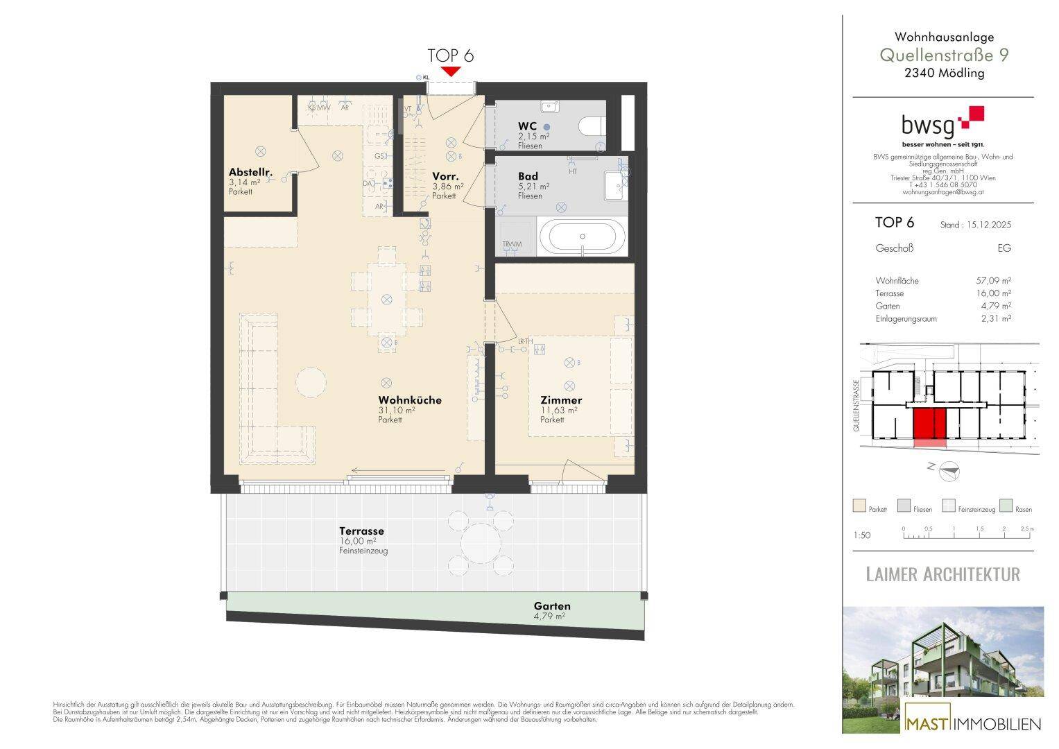 Grundriss einer Erdgeschosswohnung mit offener Wohnküche, einem Schlafzimmer, Bad, separatem WC, Terrasse und Garten.