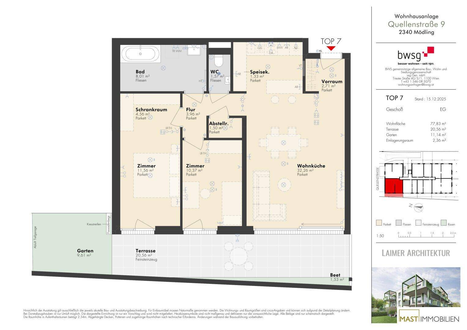 Grundriss einer Wohnung mit offener Wohnküche, zwei Zimmern, Bad, separatem WC, begehbarem Kleiderschrank, Terrasse und Garten.