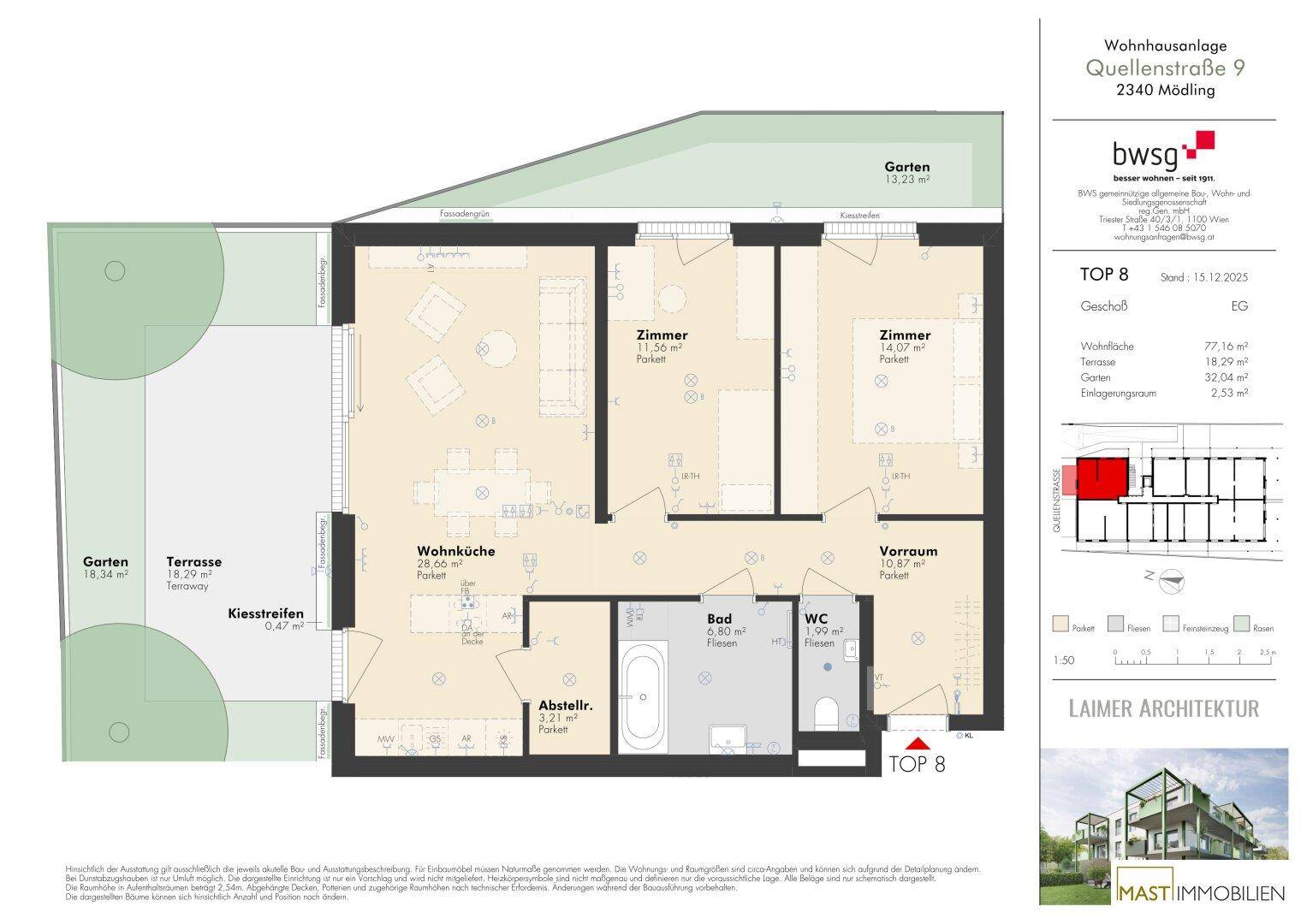 Grundriss der Erdgeschosswohnung TOP 8 mit offener Wohnküche, zwei Zimmern, Bad, separatem WC, Abstellraum, Terrasse und Garten.