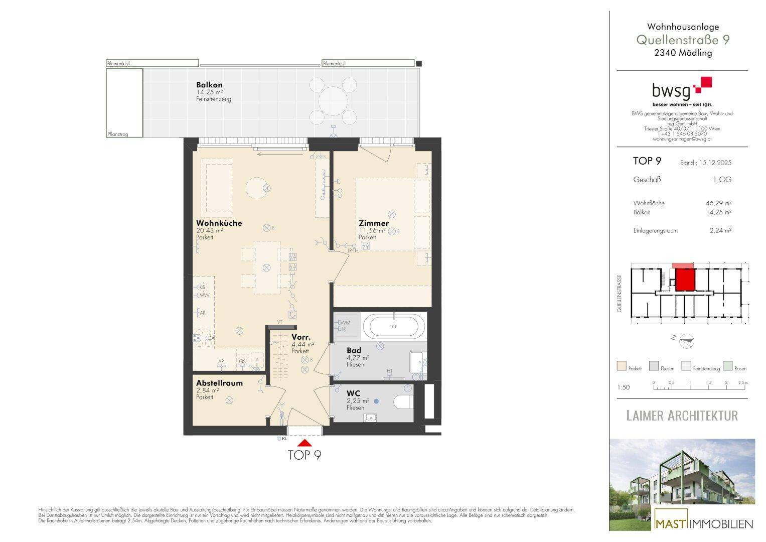 Grundriss einer Wohnung mit offener Wohnküche, einem Zimmer, Bad, separatem WC und großem Balkon.