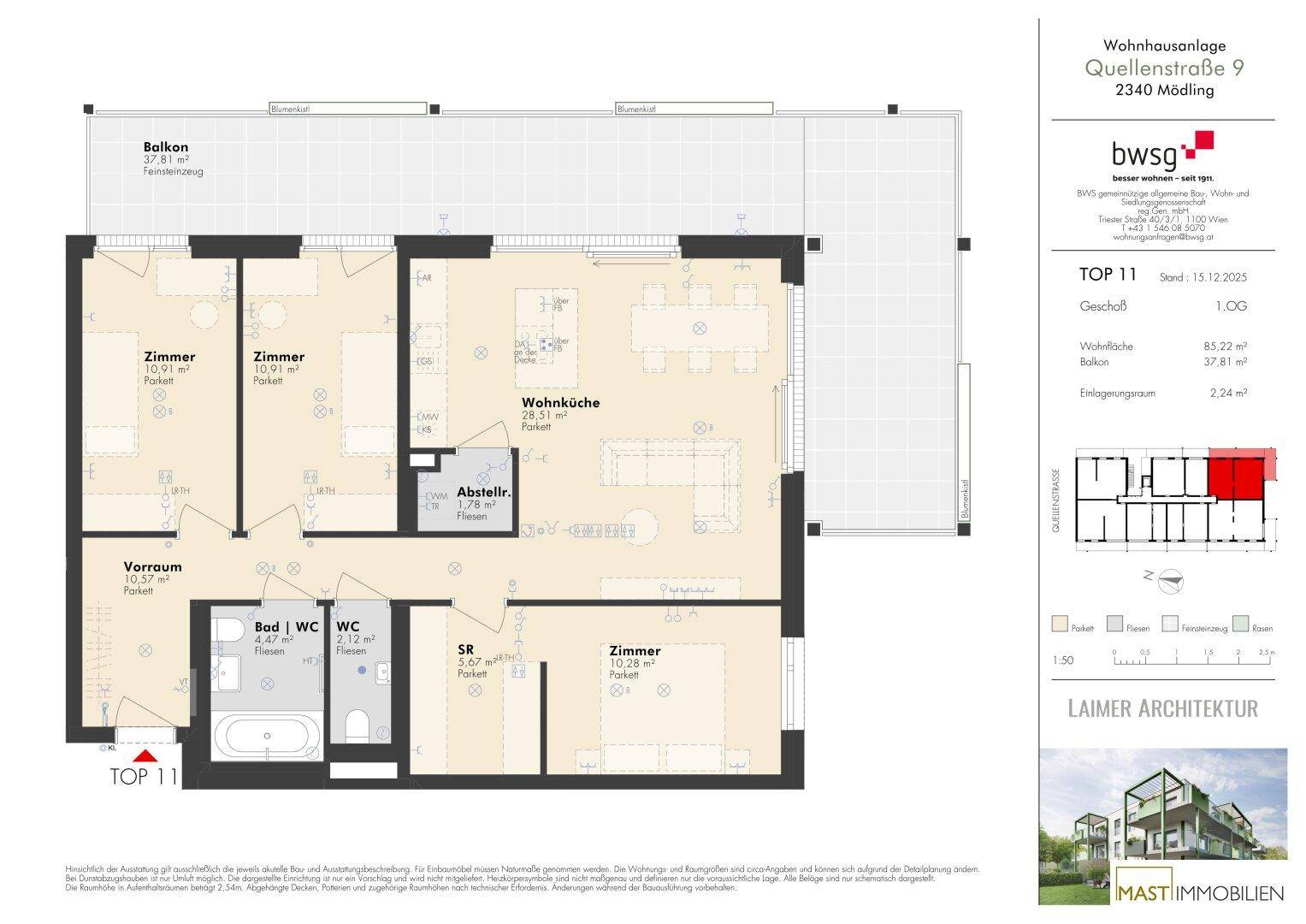 Grundriss der Wohnung TOP 11 mit offenem Wohn-Essbereich, drei Zimmern, Bad, separatem WC und großem Balkon.