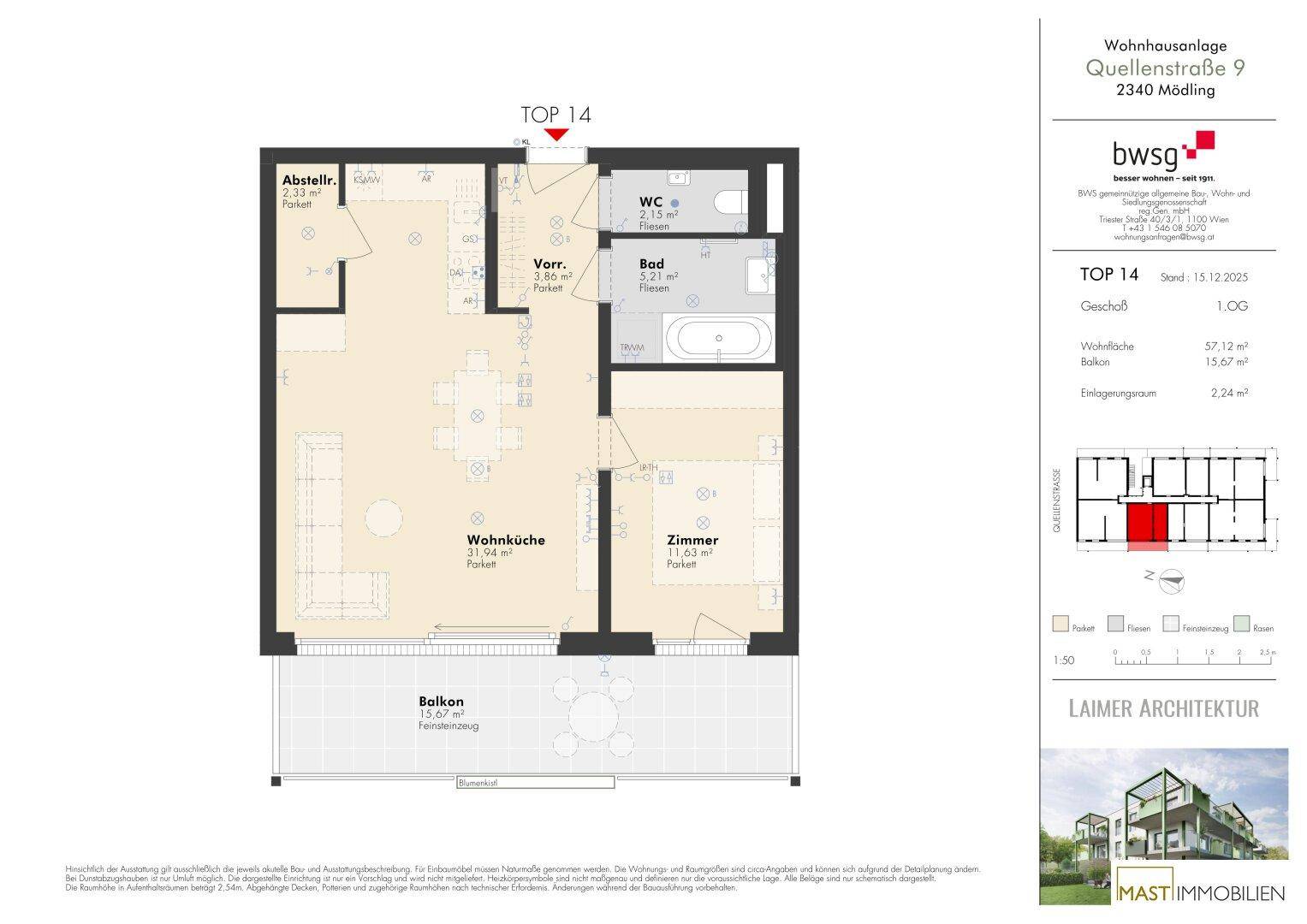 Grundriss der Wohnung TOP 14 mit offener Wohnküche, einem Zimmer, Bad, separatem WC und Balkon.