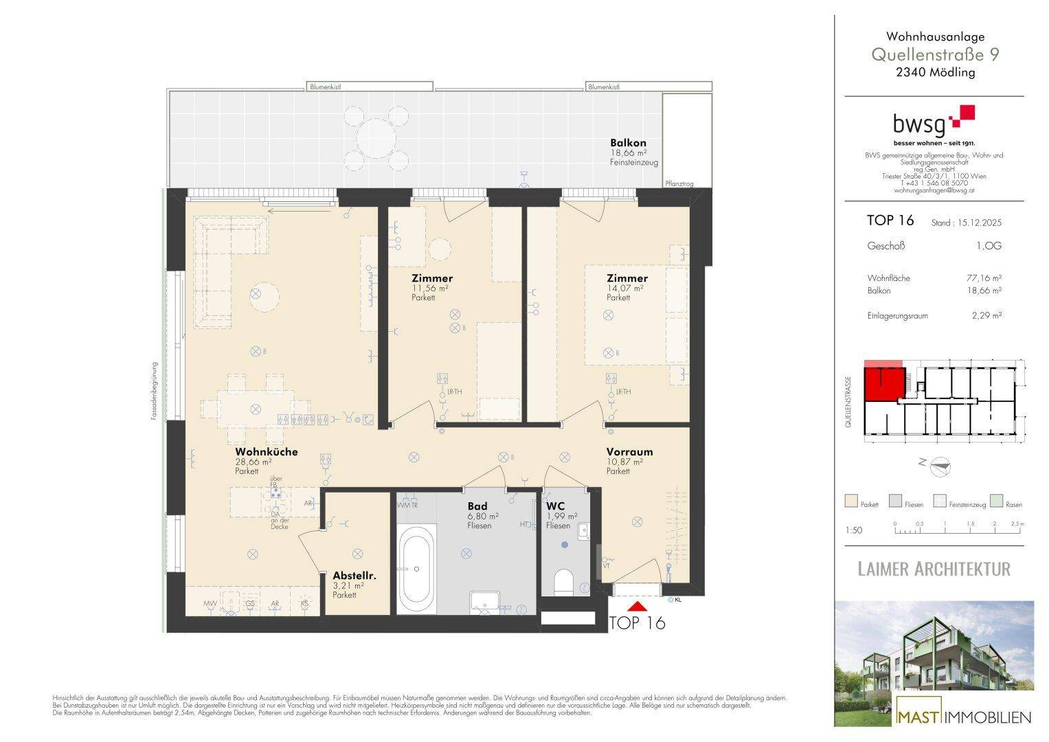 Detaillierter Grundriss einer Wohnung mit offener Wohnküche, drei Zimmern, separatem WC und großem Balkon.