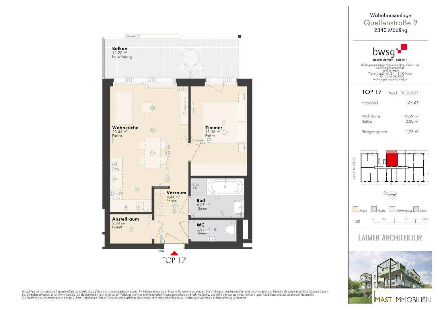 Grundrissplan einer Wohnung mit offener Wohnküche, einem Schlafzimmer, Bad, separatem WC und einem Balkon.