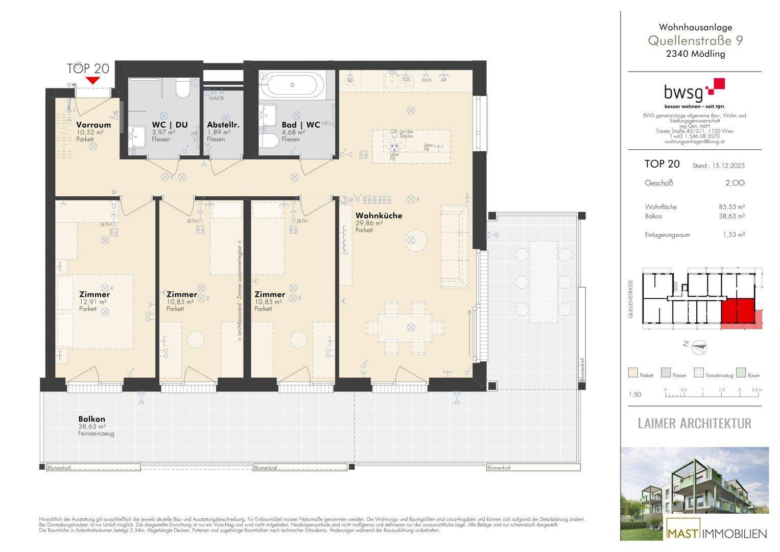 Grundriss einer modernen Wohnung mit drei Zimmern, offener Wohnküche, zwei Bädern und großem Balkon.