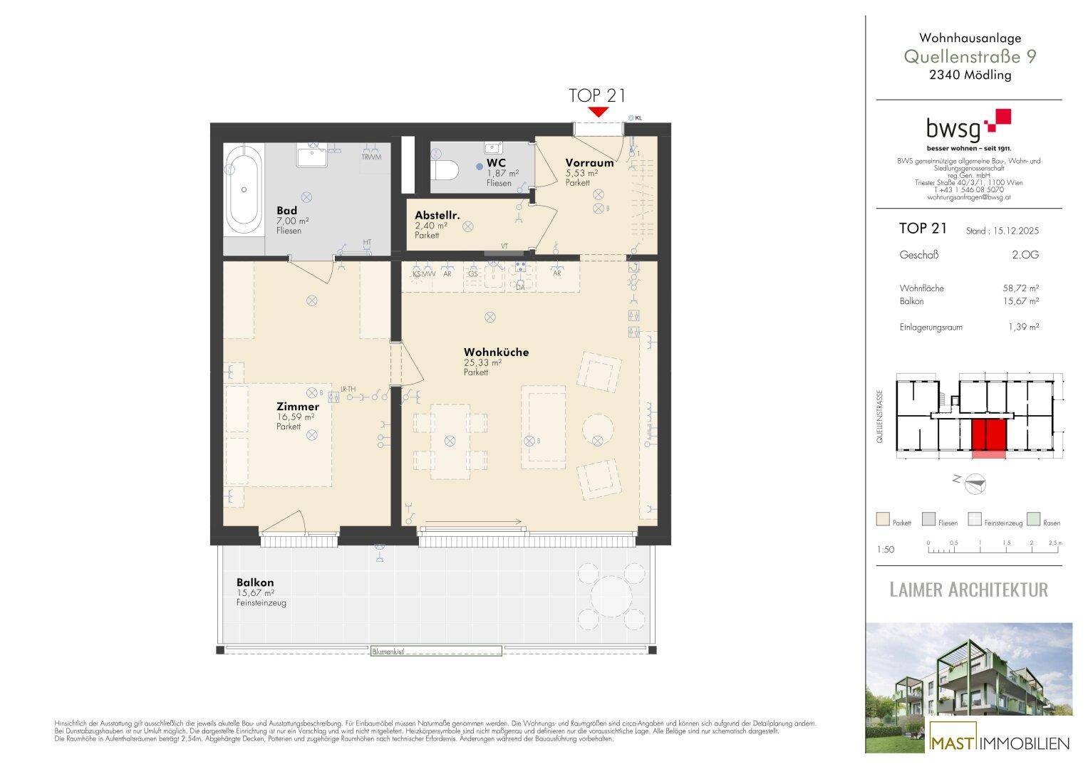 Grundriss einer Wohnung mit einem Schlafzimmer, offener Wohnküche, Bad, separatem WC und großem Balkon.