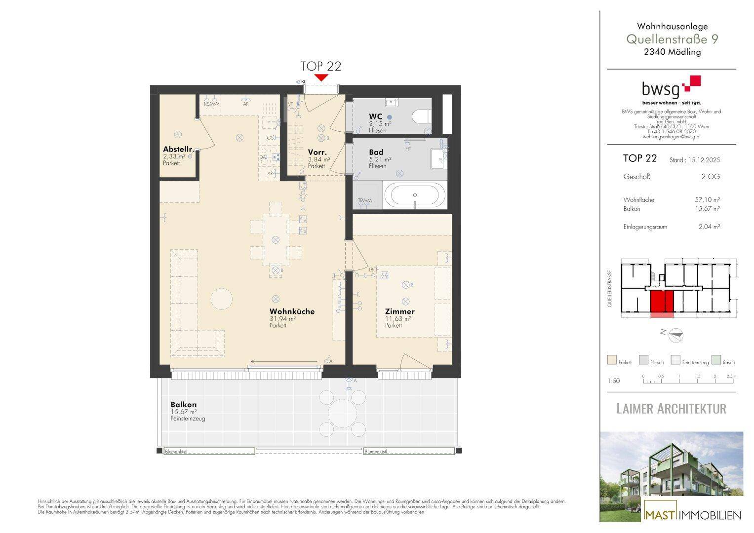 Grundriss der Wohnung TOP 22 mit offener Wohnküche, einem Schlafzimmer, Bad, separatem WC und Balkon.