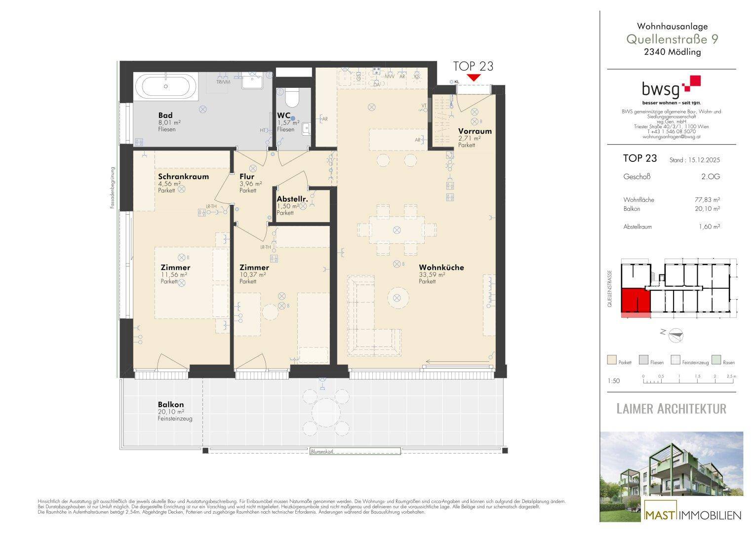 Grundriss der Wohnung TOP 23 im 2. Obergeschoss mit offener Wohnküche, zwei Zimmern und großem Balkon.