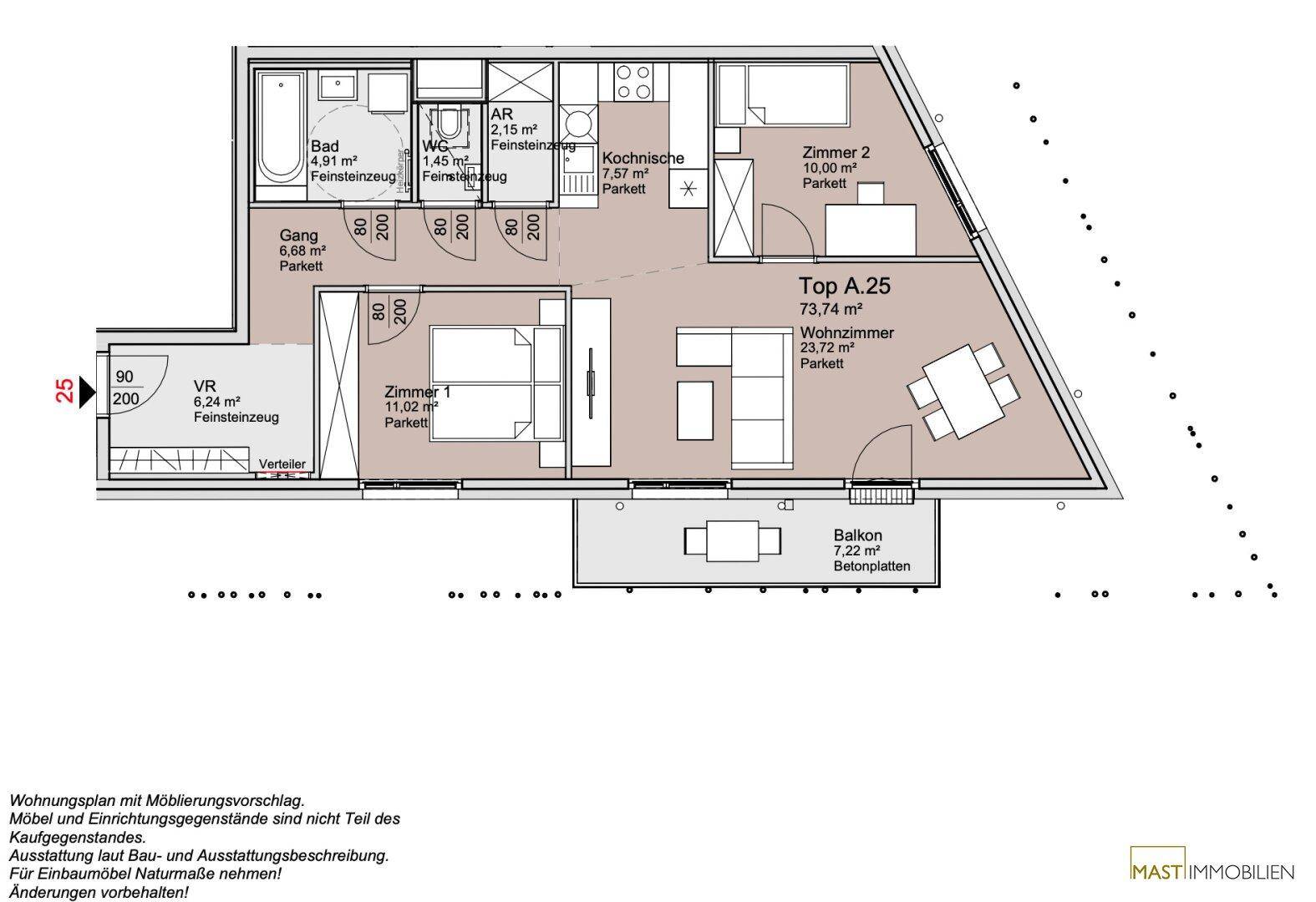 Detaillierter Grundriss einer Wohnung mit zwei Schlafzimmern, offenem Wohnbereich und Balkon.