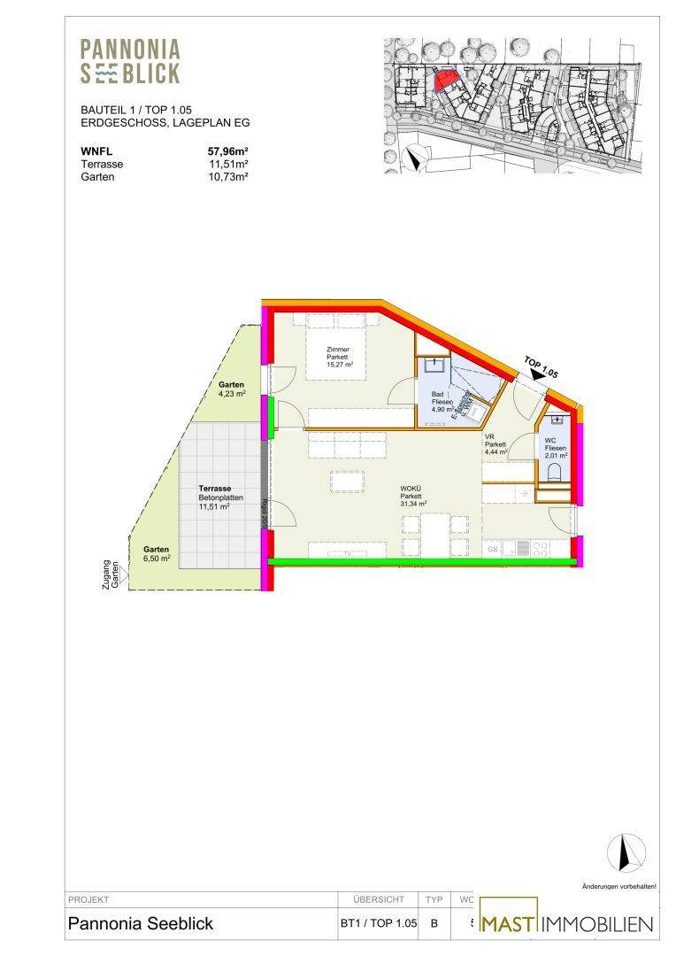 Grundriss der Erdgeschosswohnung Top 1.05 mit 57,96m² Wohnfläche, Terrasse und Garten.