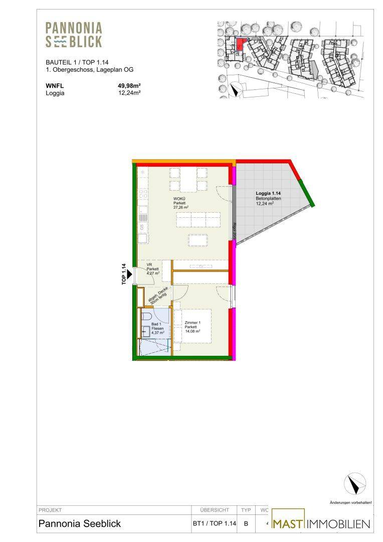 Grundriss einer Wohnung mit Loggia, Schlafzimmer und offenem Wohnbereich.