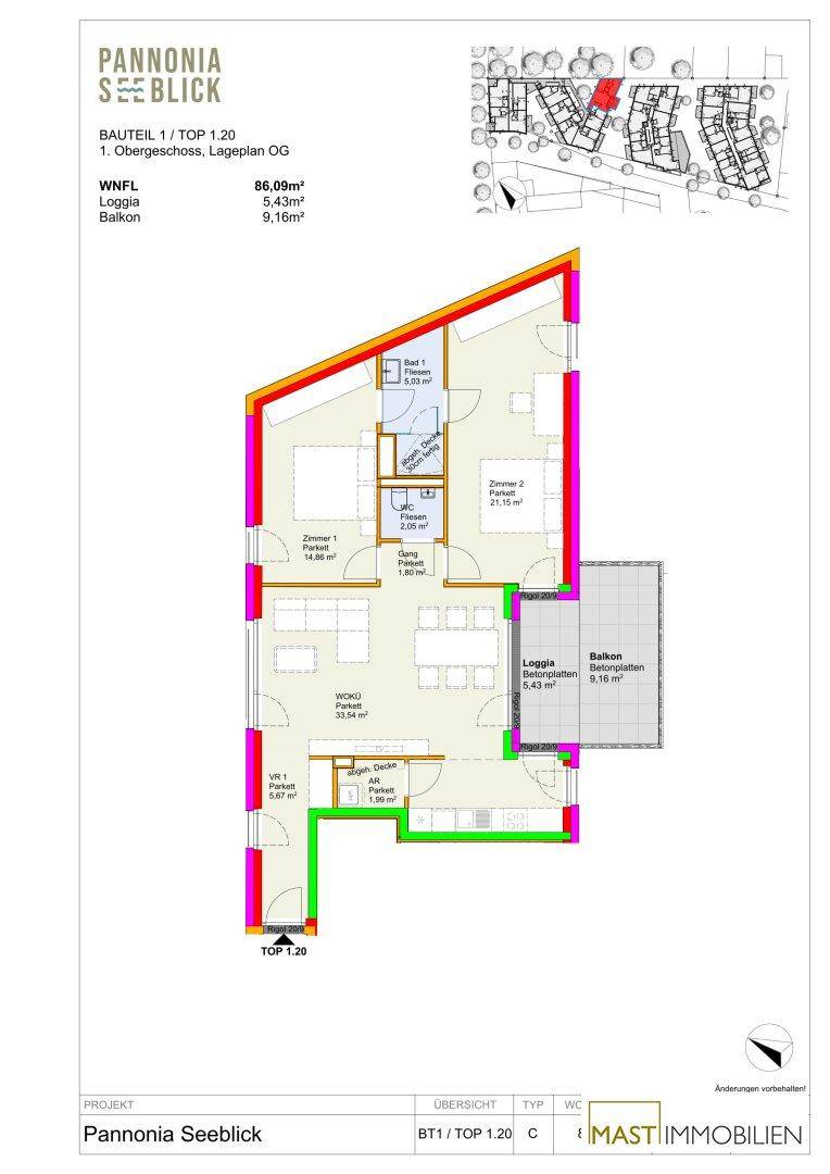 Detaillierter Grundriss der Wohnung mit Loggia und Balkon, zeigt die Raumaufteilung.