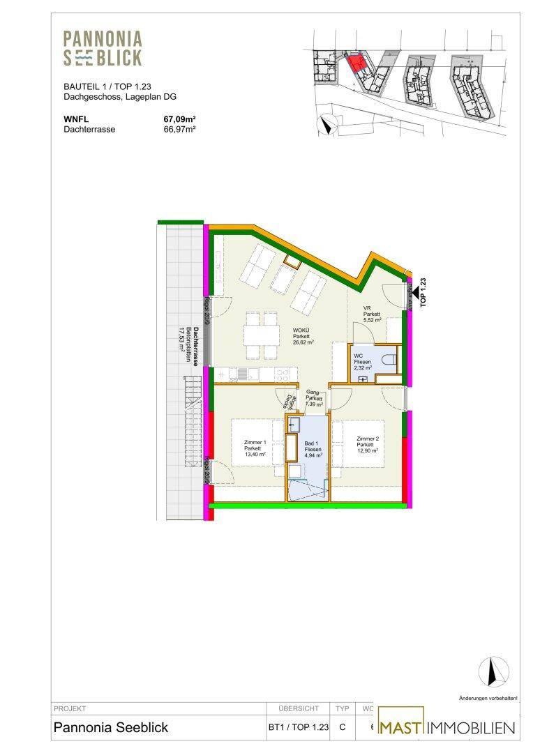 Grundriss der Dachgeschosswohnung mit zwei Schlafzimmern und Dachterrasse.