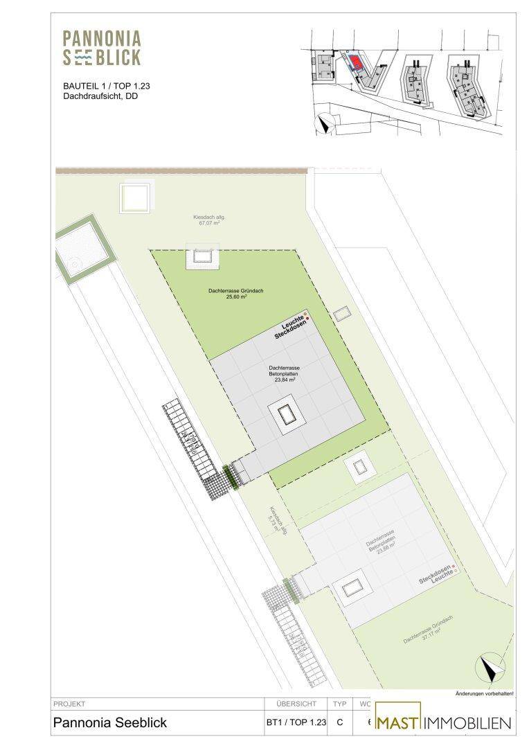 Dachaufsicht des Gebäudes mit den verschiedenen Dachterrassenbereichen.