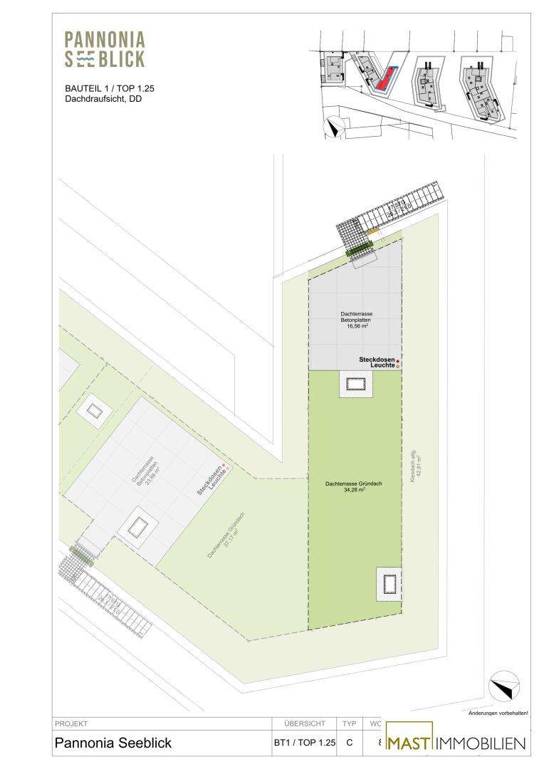 Grundriss der Dachaufsicht mit großer Dachterrasse und weiteren Dachflächen des Gebäudes.