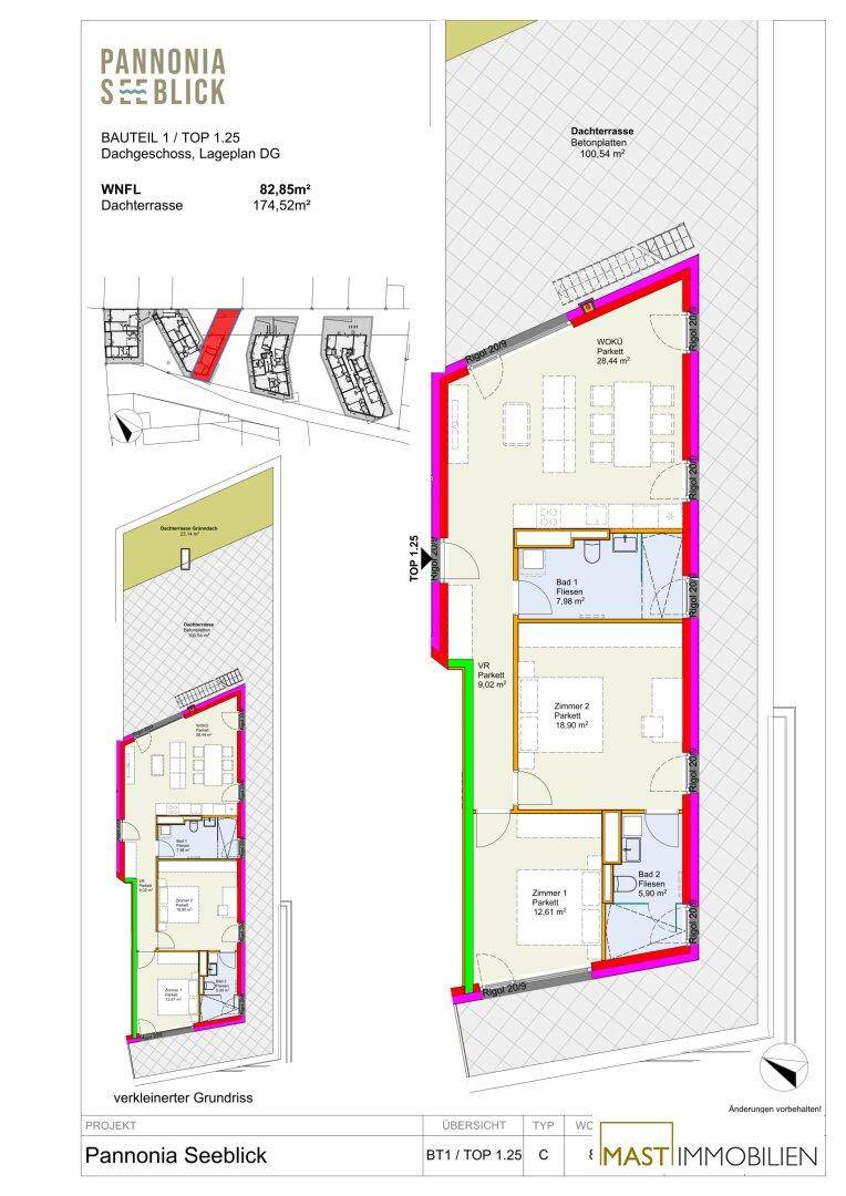 Detaillierter Grundriss einer Wohnung mit drei Zimmern, zwei Bädern und großer Dachterrasse.