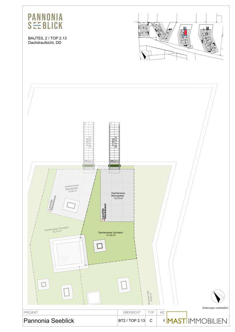 Dachaufsicht des Gebäudes mit Gründachflächen und Dachterrassen.
