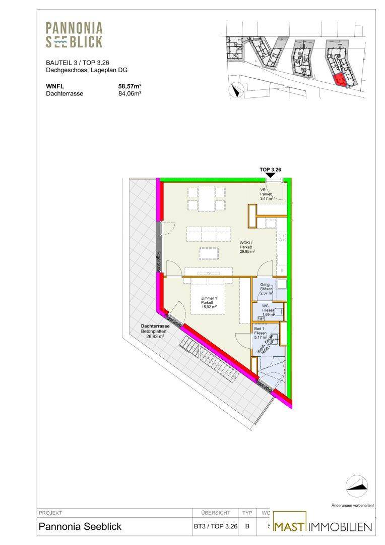 Grundriss für TOP 3.26 mit Wohn-/Essbereich, Schlafzimmer, Bad und großer Dachterrasse.