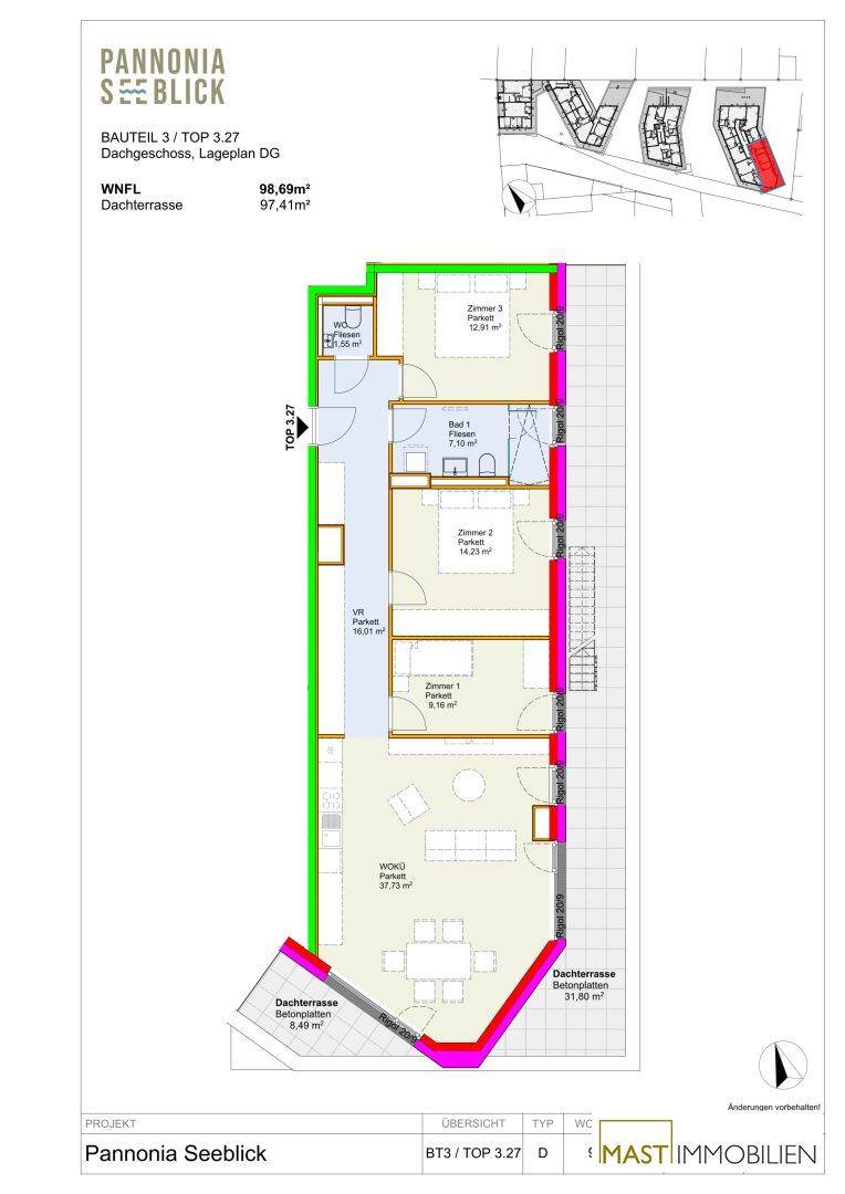 Detaillierter Grundriss des Dachgeschosses mit drei Zimmern und Dachterrasse.