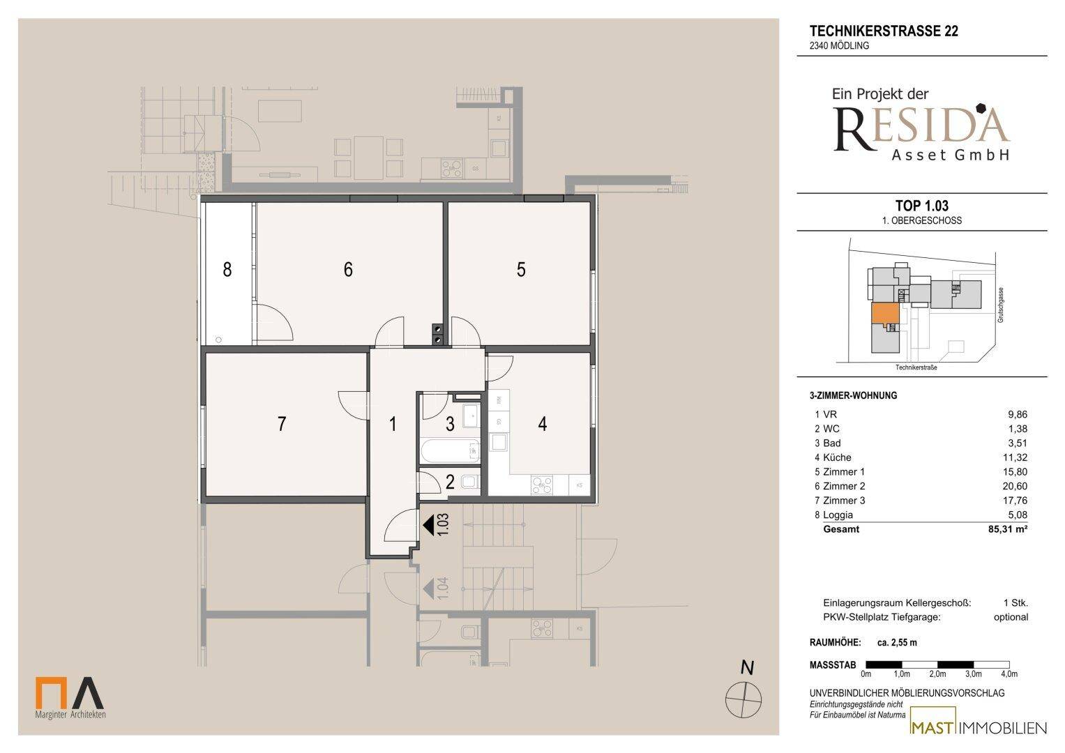 Grundriss einer 3-Zimmer-Wohnung im ersten Obergeschoss mit Loggia.