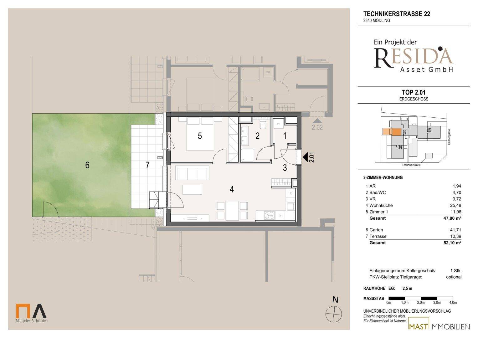Grundriss einer 2-Zimmer-Wohnung im Erdgeschoss mit Garten, Terrasse und klar gekennzeichneten Räumen.