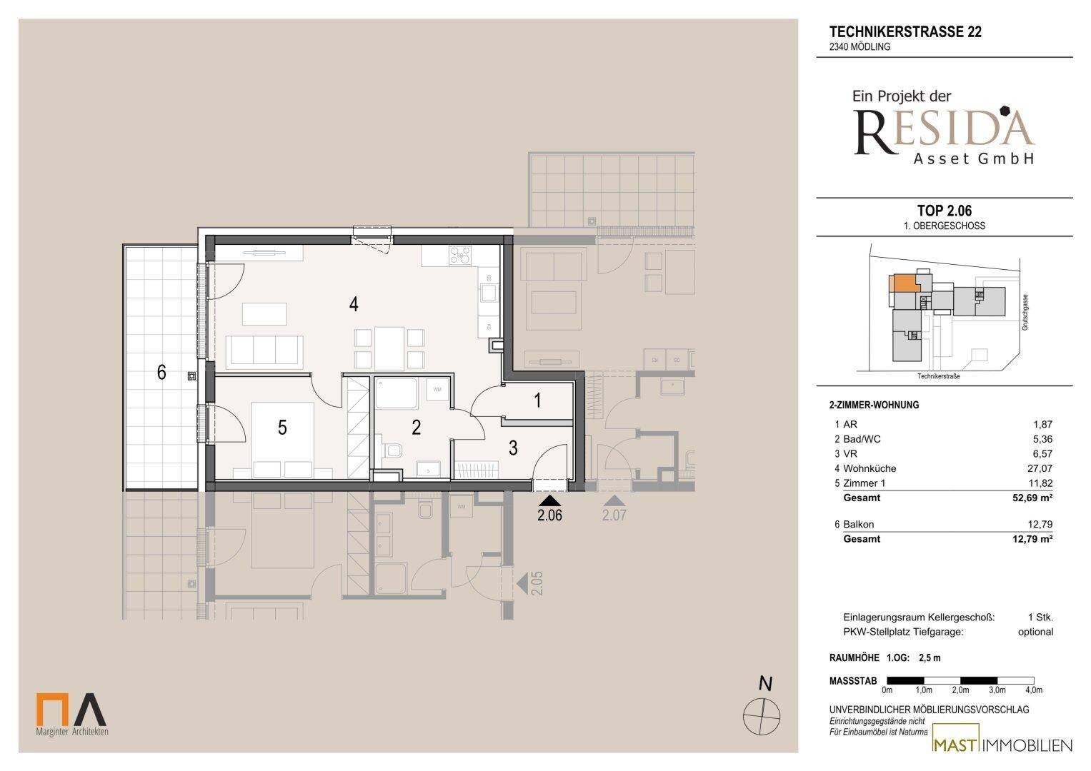 Grundriss einer 2-Zimmer-Wohnung mit offener Wohnküche, Schlafzimmer, Bad und Balkon.