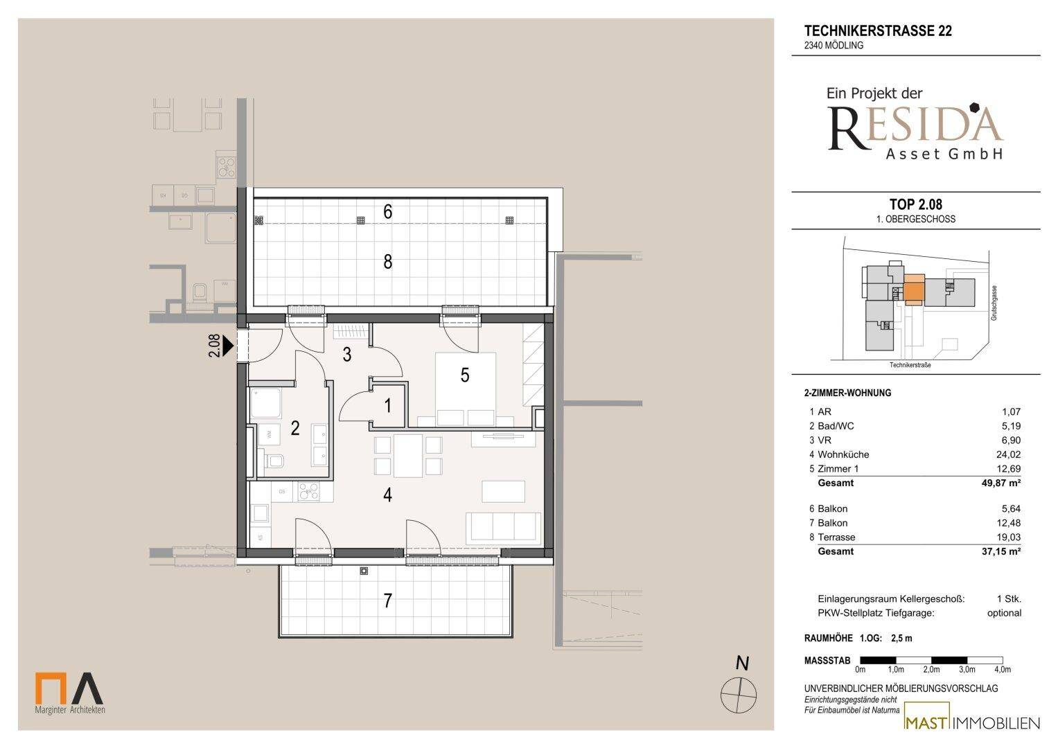 Detaillierter Grundriss einer 2-Zimmer-Wohnung mit Balkon und Terrasse.