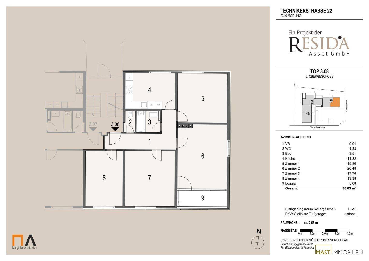 Detaillierter Grundriss einer 4-Zimmer-Wohnung im 3. Obergeschoss mit Loggia.