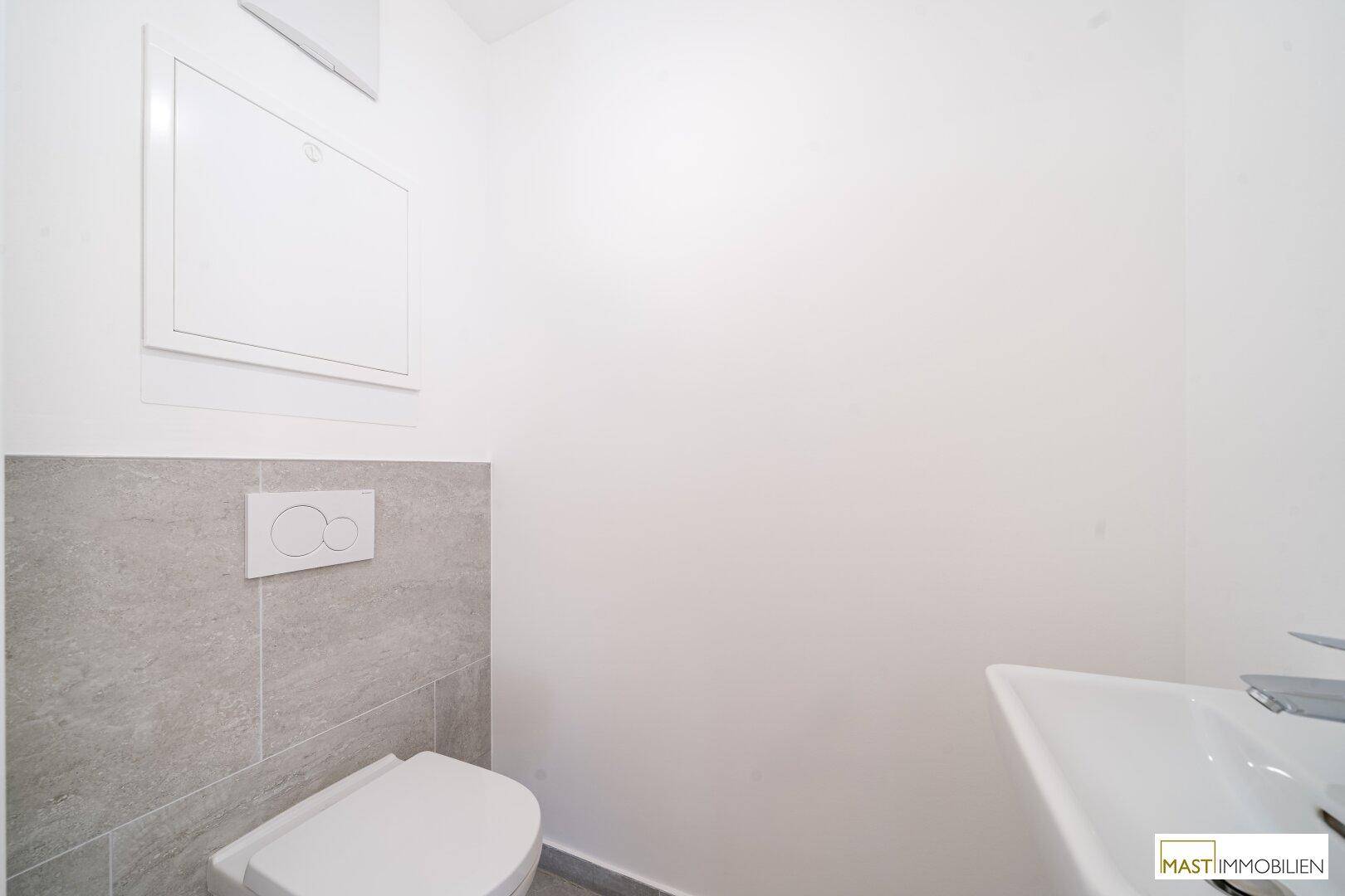 Modernes Gäste-WC mit Wand-WC und kleinem Waschbecken.