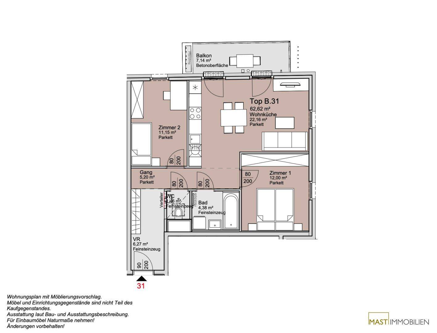 Grundriss einer Wohnung mit offenem Wohnbereich, zwei Schlafzimmern, Bad, separatem WC und Balkon.