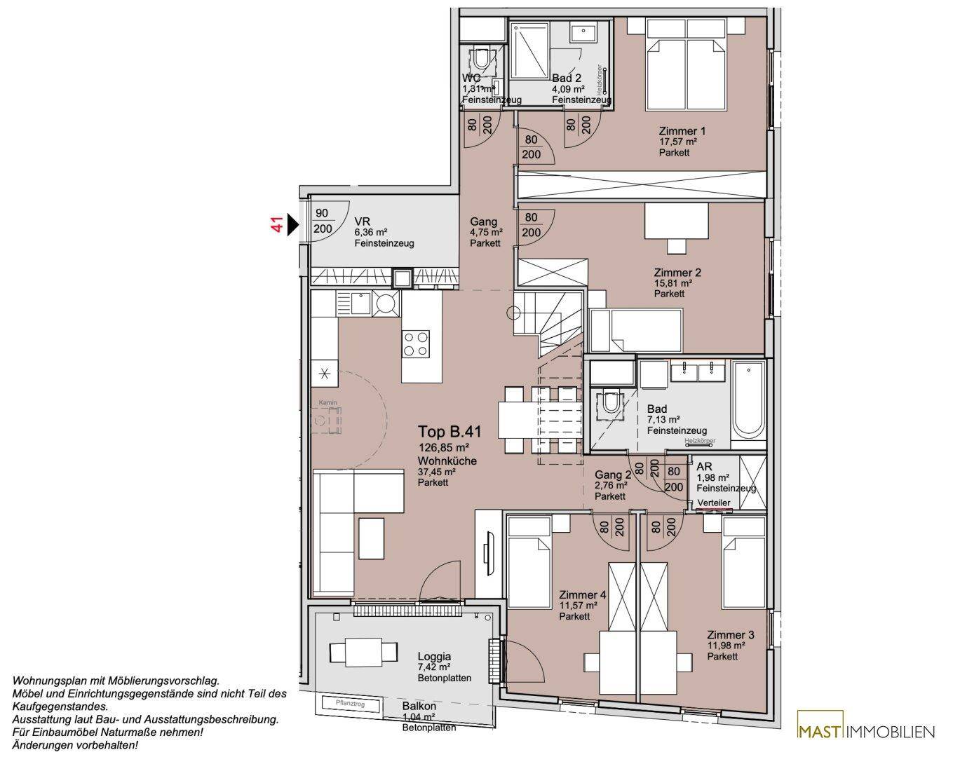 Detaillierter Grundriss einer Wohnung mit vier Schlafzimmern, offener Wohnküche, zwei Bädern, Loggia und Balkon.