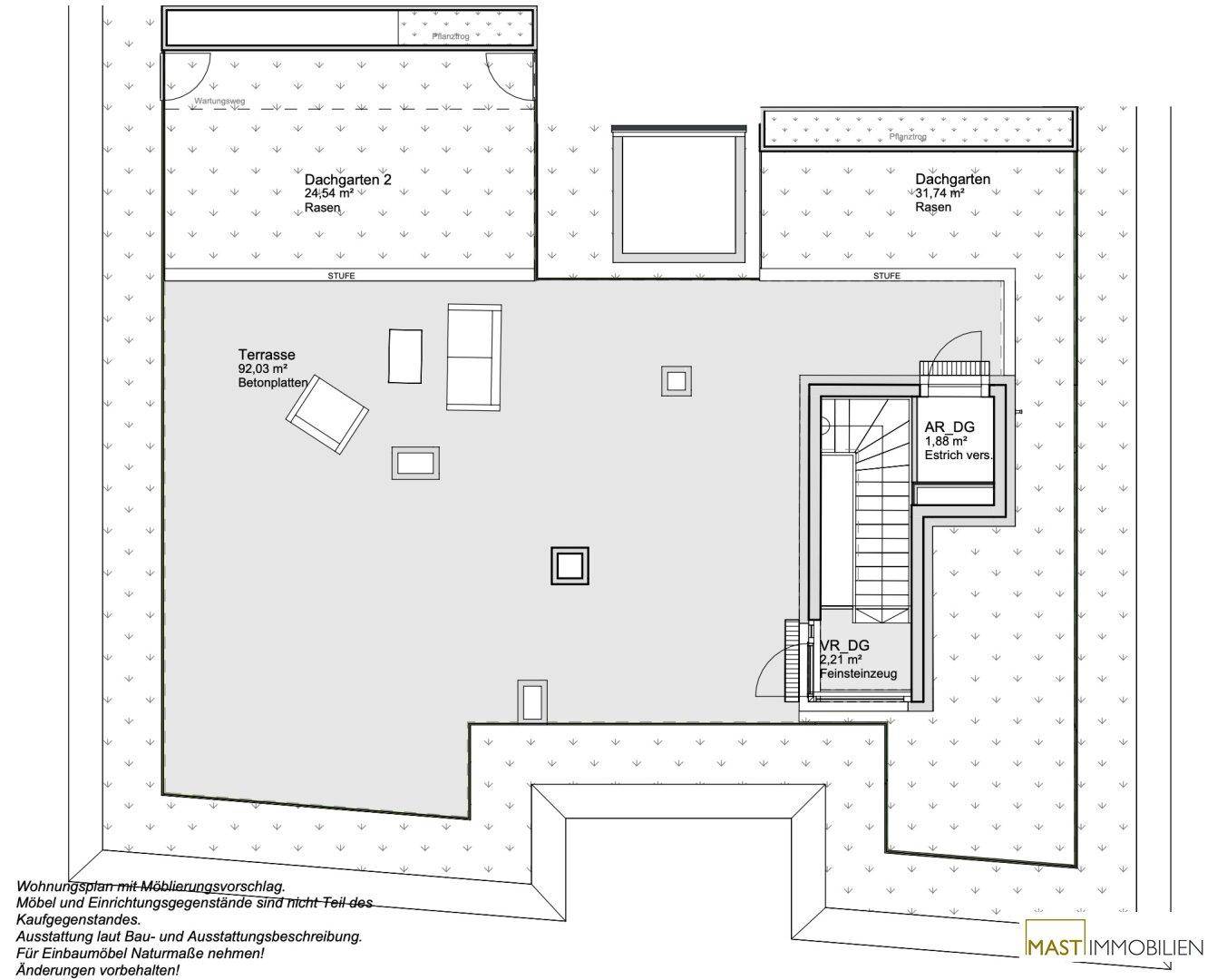 Grundriss der Dachgeschossebene mit großer Terrasse, zwei Dachgärten und internem Treppenaufgang.