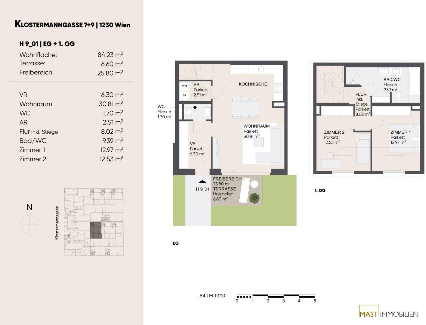 Grundriss einer Maisonette-Wohnung mit offenem Wohnbereich, zwei Schlafzimmern, zwei Bädern und Terrasse.