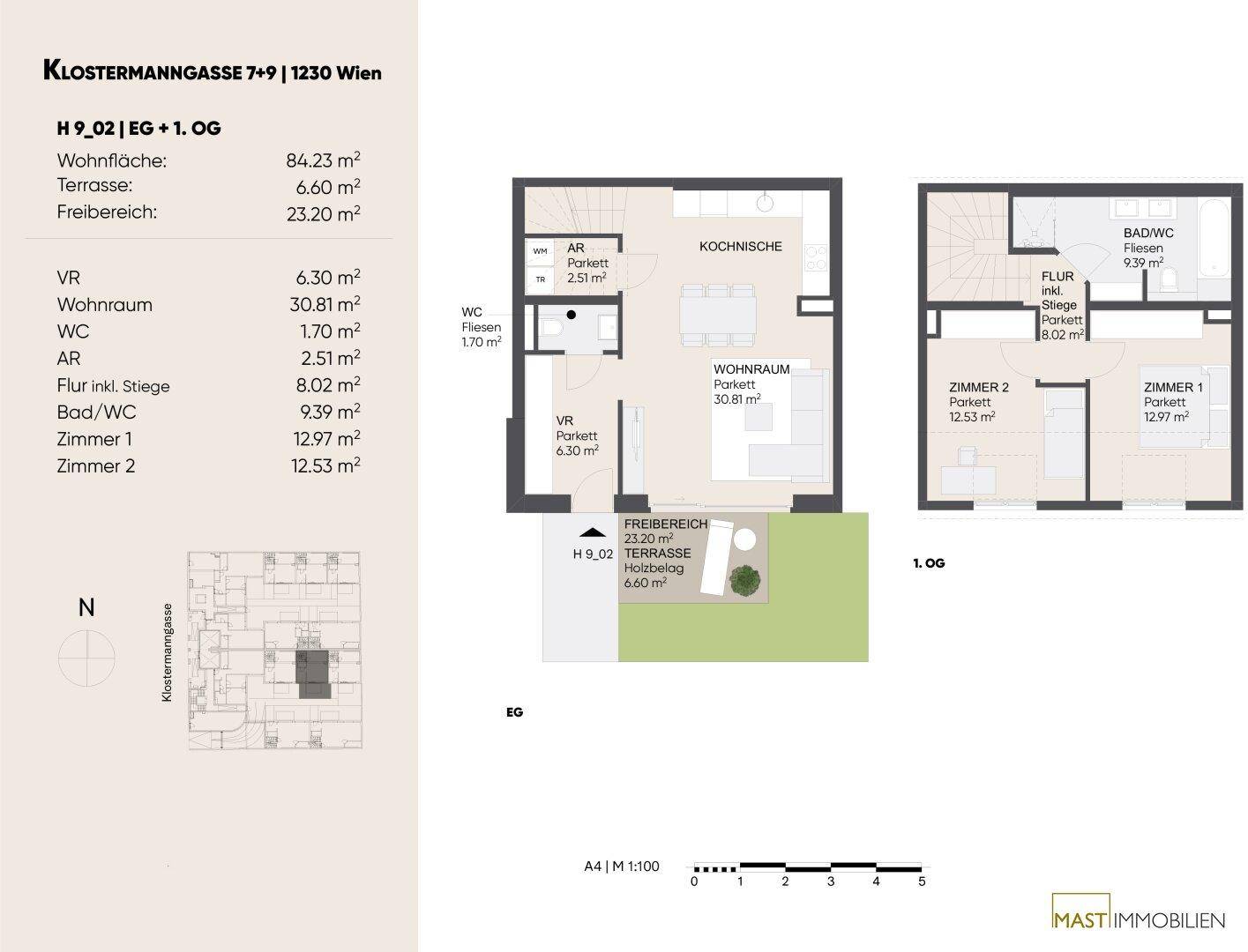 Detaillierter Grundriss der Wohnung H 9_02 mit Wohnfläche und Terrassenbereich.