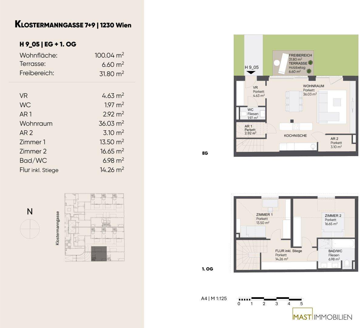 Grundriss einer zweistöckigen Wohnung mit offener Wohnküche, zwei Schlafzimmern und Terrasse.