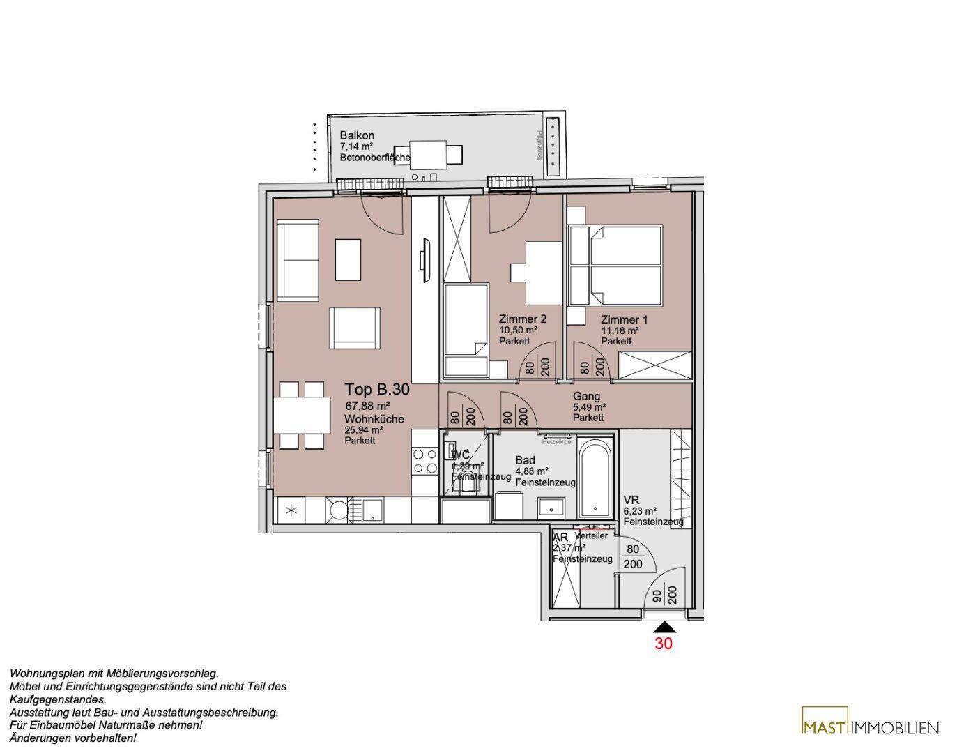 Grundriss der Wohnung Top B.30 mit offener Wohnküche, zwei Schlafzimmern, Bad und Balkon.